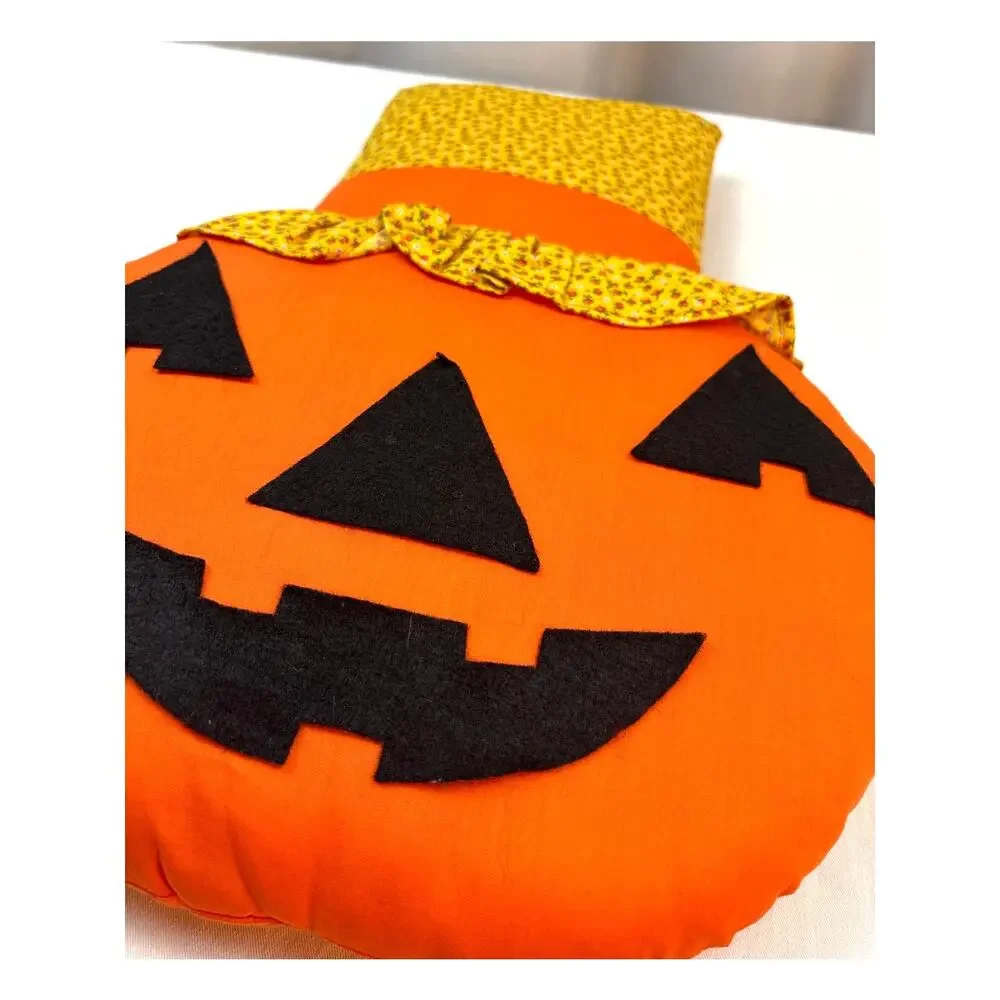 Vintage Fabric Stuffed Pumpkin Face Pillow Wall Hanging Handmade Halloween Decor